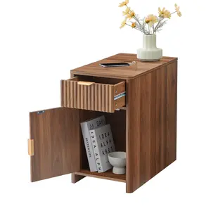 Giratree Fluted Narrow End Table with Charging Station Set of 2, Farmhouse Side Table with Drawer Storage, Small Night Stand with Power Outlets and USB Ports, Sofa Side Table for Living Room