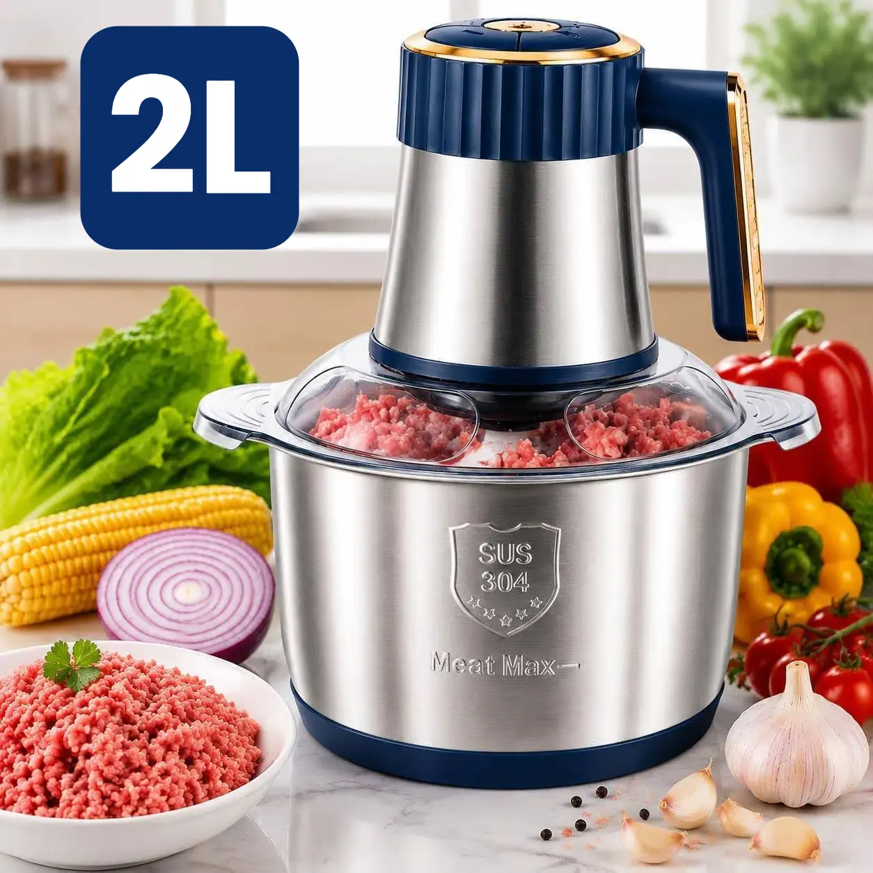 2L Meat Grinder & Baby Food Processor - Dishwasher Safe Blades & Stainless Steel Compact Bowl, Powerful 500W Copper 5-Speed Motor for Homemade Meat/Vegetable/Dough Family Cooking