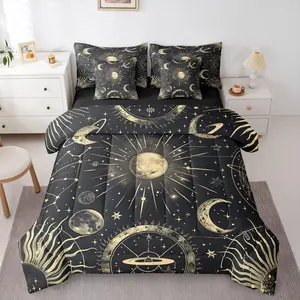 Bohemian Sun Moon Comforter Set,7 Pieces,Constellation Bed in A Bag,Starry Sky Bedding Set with Comforters,Sheets,Pillowcases Exotic Style Black Bedroom Decor