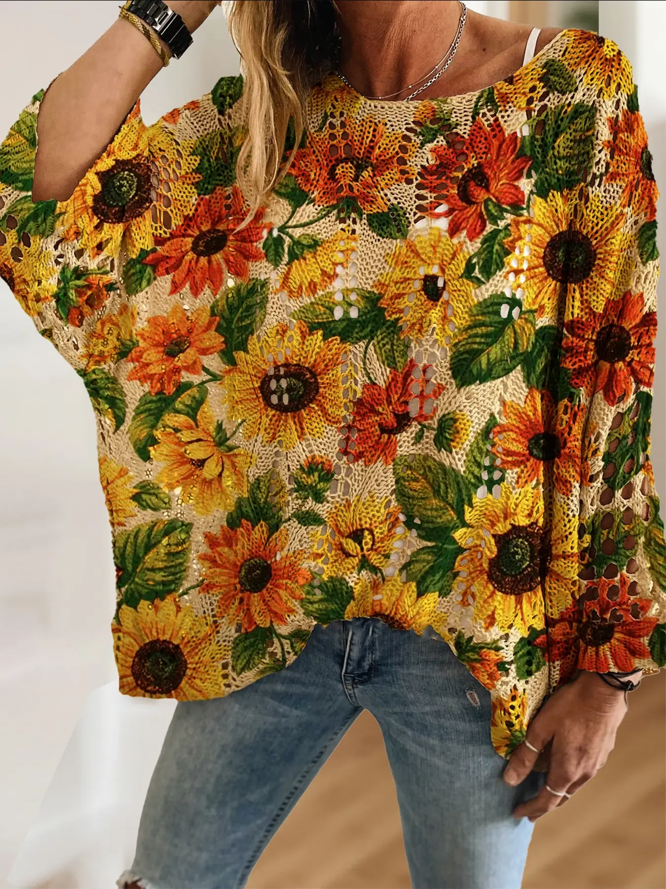 Women's Elegant Vintage Floral Sunflower Print Knit Hollow Out Round Neck Top, Casual Chic Vacation Style Sweater, Comfortable Breathable Loose Fit