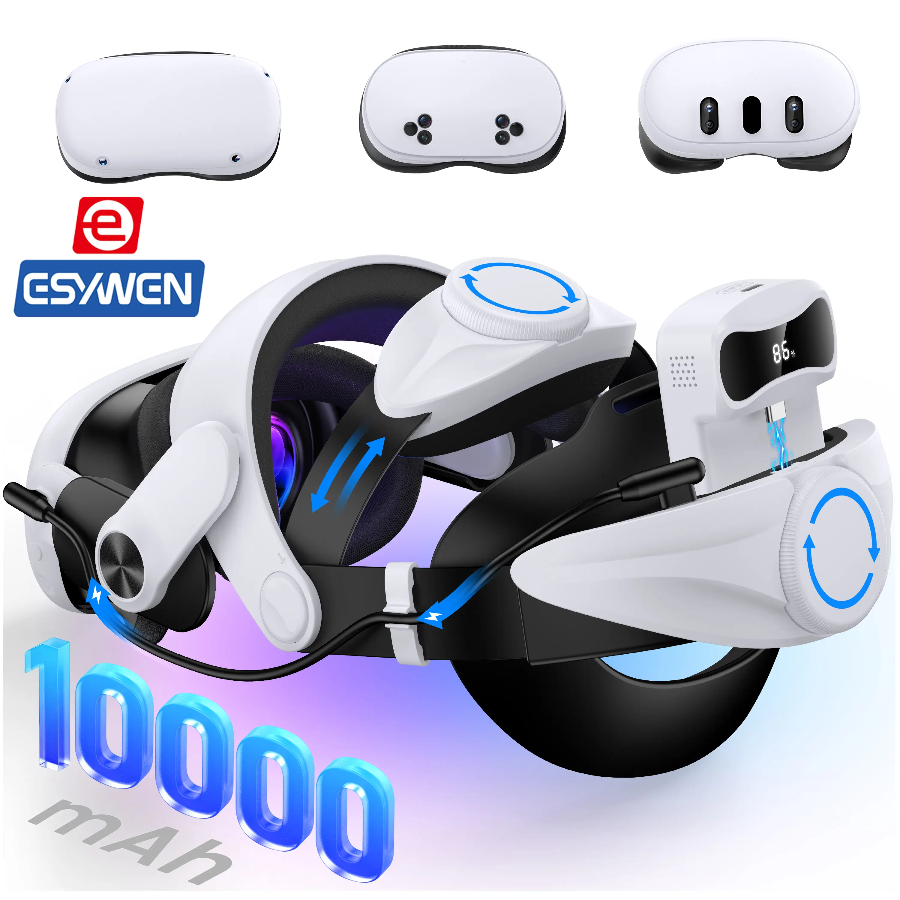 ESYWEN Head Strap with 10000mAh Battery for Meta Quest 3S/Quest 3/Quest 2, Comfor VR Accessory with 2 Adjustable Knobs to Adjust for Head Fit, Elite Strap with 7500mah Battery Pack for Extended 3H of Playtime