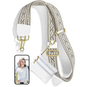 Crossbody Phone Strap with Wallet, Clip and Go Strap for Phone with Wallet, Adjustable Crossbody Cell Belt with Zippered Pouch,   Cell Lanyard for Women, Retro Geometry