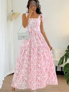 French Elegant Boho Floral Print Long Dress, Sleeveless V-Neck Ruffled Gown, Summer Light Blue & White, Casual Woven Fabric, High Waist, Flounce Hem, Beach & Wedding