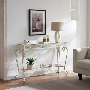 Closeout Sale 47.2" Cream White Tempered Glass Console Table | Modern Sturdy Metal Entryway Hallway Table With Lower Storage For Living Room Entrance