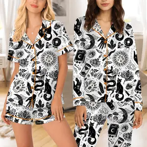 Witchy Cat Satin Pajamas, Black and White Halloween Sleepwear Set, Gothic Short Sleeve Pjs, Spooky Cute Loungewear Women Gift
