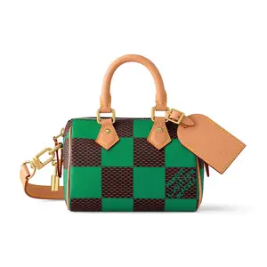 Louis Vuitton Nano Speedy Handbag for Women – Detachable Adjustable Strap, Checkerboard Design, Leather Pillow Bag, Green