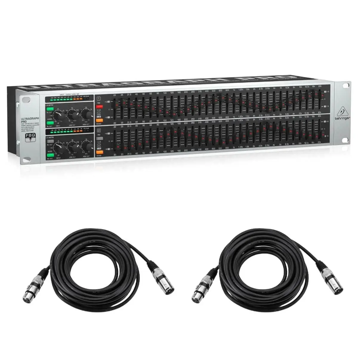 Behringer ULTRAGRAPH PRO FBQ3102HD Dual Channel 31-Band Stereo Graphic Equalizer with FBQ Detector, XLR/TRS Compatibility, 2x 25' XLR Microphone Cables
