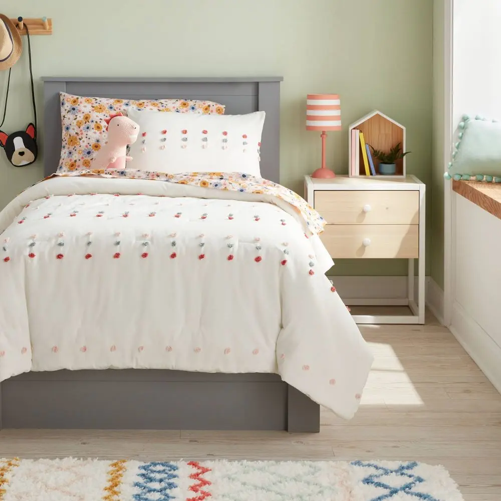 Twin Pom Kids' Comforter Set Cream - Pillowfort: Twin Bedding Polka Dot Quilted OEKO-TEX Certified
