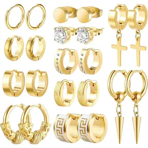 Men Earrings, 11 Pairs Stainless Steel Small Hoop Earrings Cross Dangle Earrings Set, Fashion Huggie Earrings Piercing Jewelry for Party Birthday
