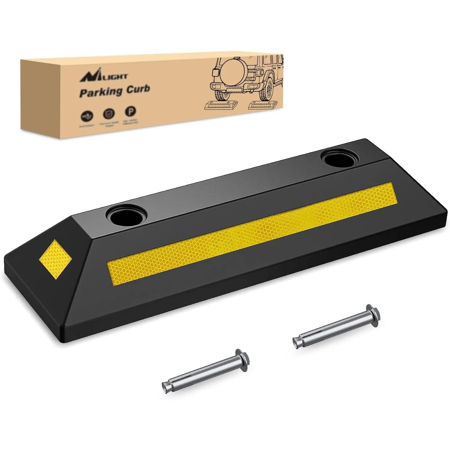 Nilight Heavy Duty Rubber Parking Curb - 1-Pack Black Industrial Portable Wheel Stopper with 22"x6.3"x3.7" Size, Pre-Punched Holes, Safety Strips for Garage, Driveway Car Parking Aid Block