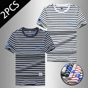 2PCS Simple Nautical Style Striped Short Sleeve Tee Casual Unisex Basic Daily Wear Streetwear Tropical