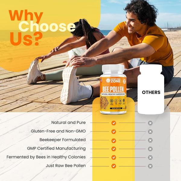 HoneybeeZone Raw Bee Pollen Capsules, B-Complex Rich Superfood for Energy, Metabolism & Immune Support, 60 Veggie Capsules