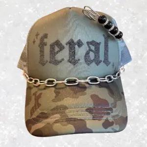 Feral Camo Trucker Hat with Chain & Bead Detail – Edgy Streetwear Cap