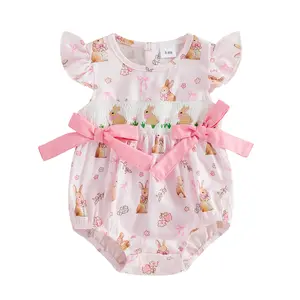 Imcute Infant Baby Girl Easter Romper Flying Sleeve Crew Neck Bunny Embroidery Bow Decor Jumpsuit