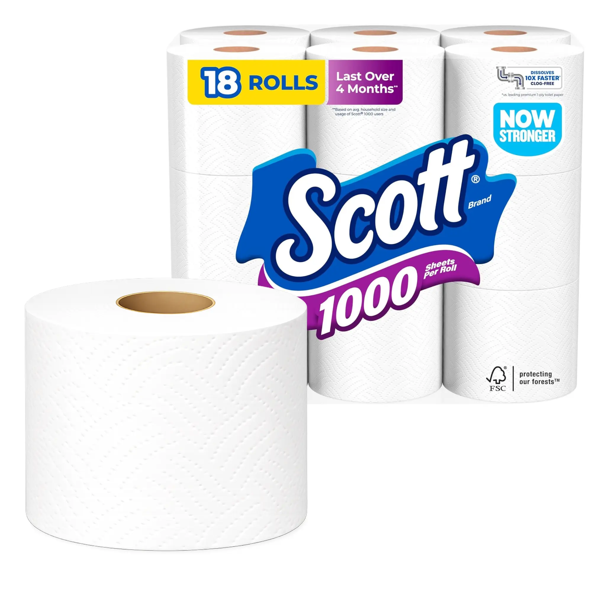 Scott 1000 1-Ply Plain Toilet Paper, 18 Rolls with Sheets, Septic-Safe Flushable Toilet Paper & Wipes (Home Care Supplies)