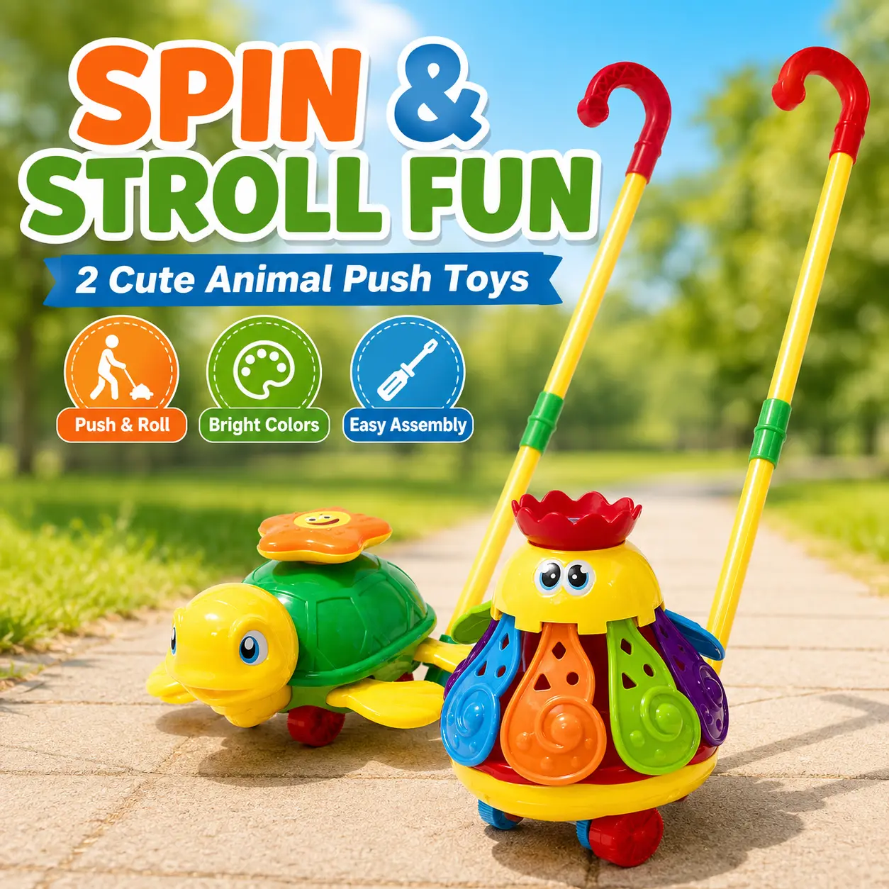Cute Animal Push Toy Set, Toddler Walking Toy with Rolling Wheels, Fun Push & Pull Activity Toy for Babies, Outdoor Play Learning Gift for Boys Girls