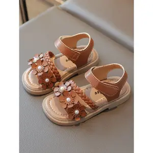 Girls' Woven Flower Sandals, Sweet Cute Style, Pearl Decoration, Soft Bottom Velcro, Summer Comfortable Shoes for Girls, Floral Design Sandals