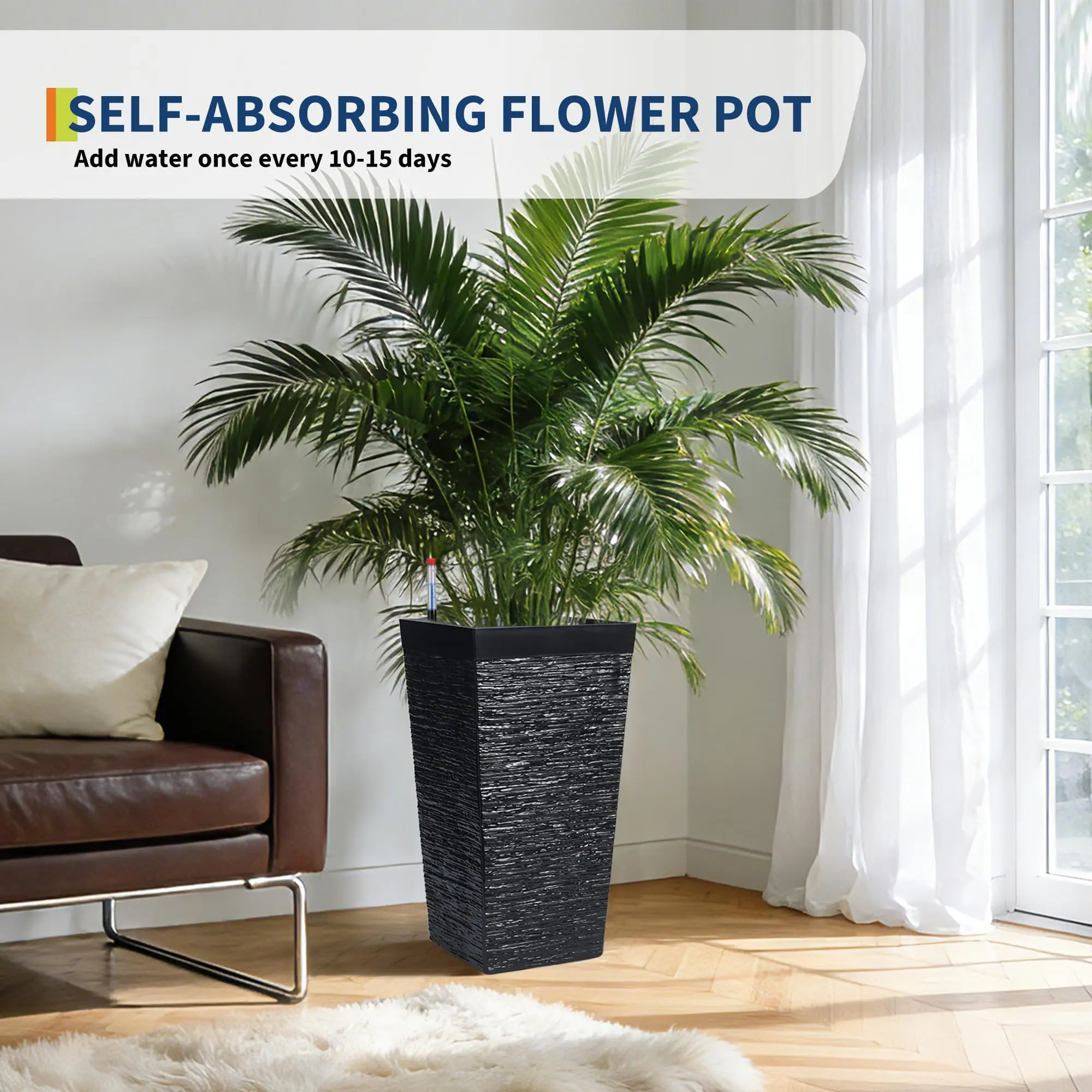 Garvee Self-Watering Tall Planters Set of 2 – 22.5" Large Plastic Flower Pots with Water Level Monitor, Removable Tray, Drainage Holes, Indoor/Outdoor Use for Patio, Porch, Garden – Black & White