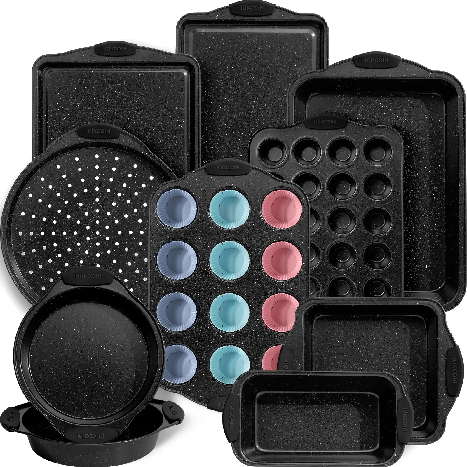[Trendy]Deluxe Set Kikcoin 22Pcs Nonstick Baking Pan Set,Carbon Steel,Silicone Handles,Oven Safe,Bakeware,12Pcs Reusable Silicone Cups,Cake Cookie Muf