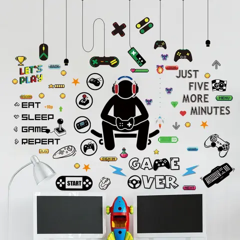 Game Room Decorative Wall Sticker, Wall Art Stickers, Decoration Sticker, Sticker Decorations, 6pcs/set Ramadan Removable Self-adhesive Game Controller Boy Pattern Wall Decal, for Home Decor, Ramadan Gifts Ornaments for Kids, Home Essentials