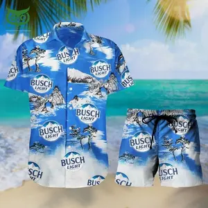 Busch Light Beer Tropical Hawaiian Shirt Shorts Set Beach Summer Holiday