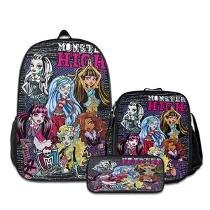 3PCS Monster-High-Backpacks for Girls Set, Cute School Backpack for Girls Boys with Lunch Box and Pencil Case, Aesthetic Bookbag for Teens, Lightweight Classic Backpack for Travel, Work, Picnic A-49