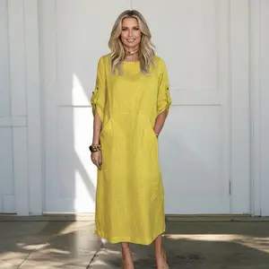 2026 Summer New Women's Cotton Dress Solid Yellow Loose Casual European American Style Beach Daily Wear Plus Size Comfortable & Stylish Sequin Backless Mermaid Prom Dress prom dress Tie Dye Split Hem Maxi Dress Light Blue Spaghetti Straps Corset Dress