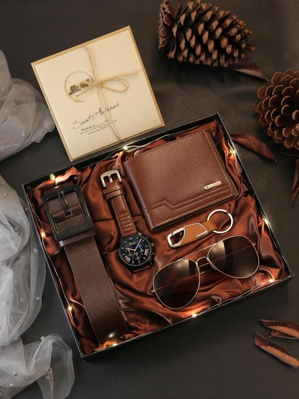 Men's Business Fashion Casual Watch Gift Set, Includes Watch, Wallet, Sunglasses, Keychain, Cufflinks and Tie Clip, with Gift Box, Birthday Gift for Men