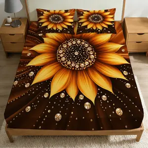 2/3Pcs Golden Sunflower Sparkling Pattern Fitted Sheet Set(1*Fitted Sheet+1/2*Pillowcase, No Filling),High-Definition Digital Printed ,100% Polyester Fiber,Machine Washable,With Zipper,A Perfect Gift For Family And Friends All Year Round!