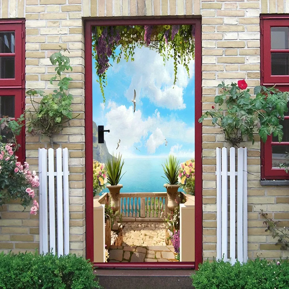 2pcs Mediterranean Style Balcony Sea View Door Sticker Stereo Simulation Decorative Wall Sticker Self Adhesive Removable Waterproof and Sunscreen Wall Mural for Living Room Bedroom Collage Self-Adhesive