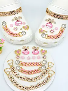 14 Piece Gold Bunny Rhinestone Shoe Charms Set, Heart Gem Color Chain Shoe Flowers, Luxurious Sweet Girl Metal Shoe Decorations