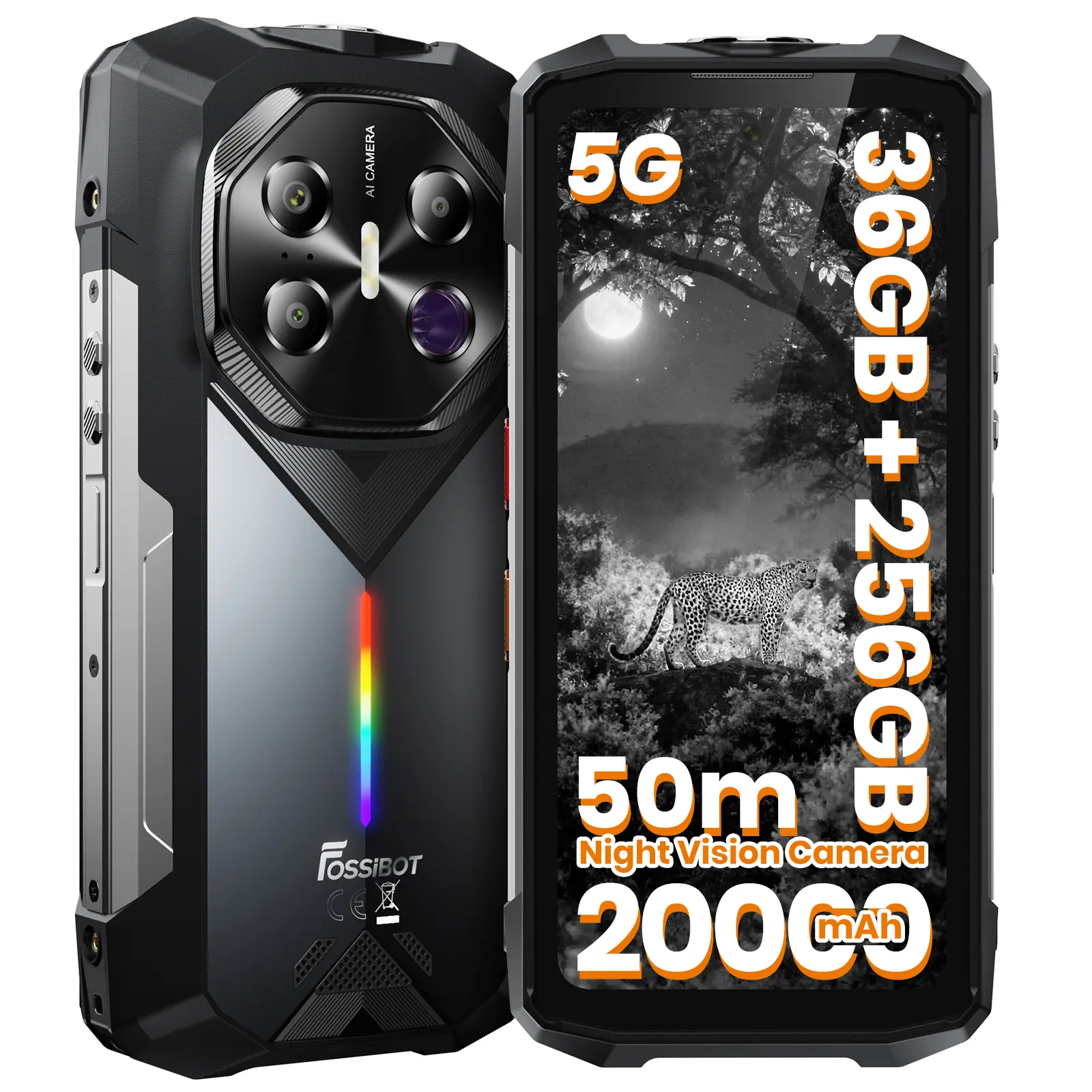 FOSSiBOT F113 with 64MP Long-Range Night Vision Camera, 6.78" 120Hz FHD+, 36GB+256GB, MediaTek Dimensity 7050, 50MP+32MP Cameras, 20000mAh Battery, 50m Strong Flashlight, Colorful Ambient Lighting with Music Rhythm, 5G Rugged Phone