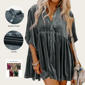 Women Fall Fashion 3/4 Sleeve Velvet Tunic Babydoll Top| Perfect for Holiday Season
