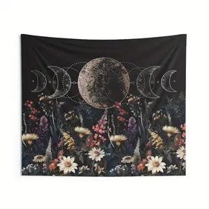 Cottagecore Wildflowers Floral Moon Wall Tapestry, Celestial Witchy Decor Indoor Wall Tapestry, Modern Witchcraft Dorm Room Wall Decor