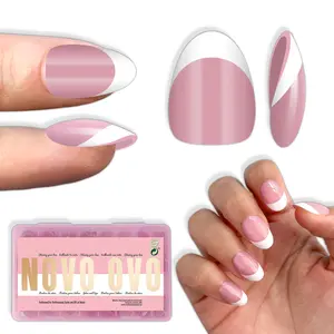 NOVO OVO Extra Short White French Tip Almond Nail Tips Press on BERRY PINK, Thick Soft Gel Fake Acrylic Extension, Need Builder Gel Top Coat, No Glue Included, for Salon DIY x 16 Sizes 224 pcs