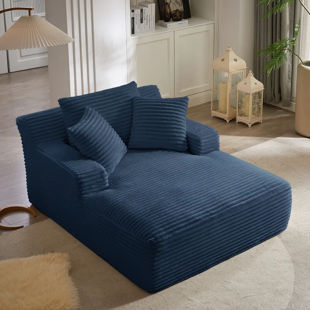 67" Oversized Chaise Lounge Chair Indoor, Corduroy Boneless Chaise Lounge Sofa Chair with Pillows & Wide Armrest, Deep Seat Fluffy Reading Chairs, Small Cloud Couches for Living Room, Blue