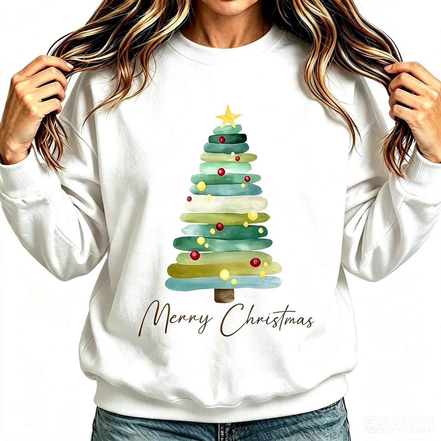 Watercolor Layered Christmas Tree Minimalist Merry Christmas Script Winter Festive Crew neck sweatshirt Neutral Oversized Casual Holiday Pullover