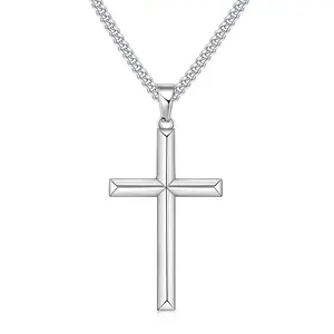 Beveled Edge Cross Necklace for Men & Women Silver Tone 14K Gold Plated Stainless Steel Cuban Chain Hypoallergenic Diamond Cut Pendant 18-26 Inches