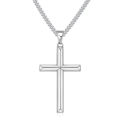 Beveled Edge Cross Necklace for Men & Women Silver Tone 14K Gold Plated Stainless Steel Cuban Chain Hypoallergenic Diamond Cut Pendant 18-26 Inches