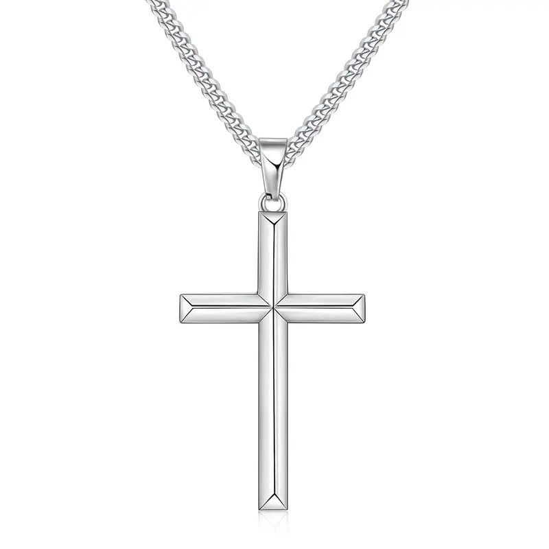Beveled Edge Cross Necklace for Men & Women Silver Tone 14K Gold Plated Stainless Steel Cuban Chain Hypoallergenic Diamond Cut Pendant 18-26 Inches