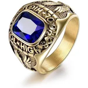 Royal Blue Sapphire Color Ring Stainless Steel Men Jewelry Celebrate High School Rings Size 8-15