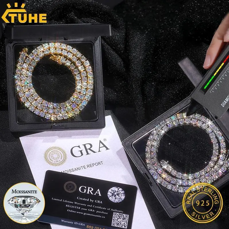 TUHE Unisex Moissanite Tennis  Necklaces VVS1 Moissanite Tennis Necklace  Silver For Men Women Pass Diamonds Test