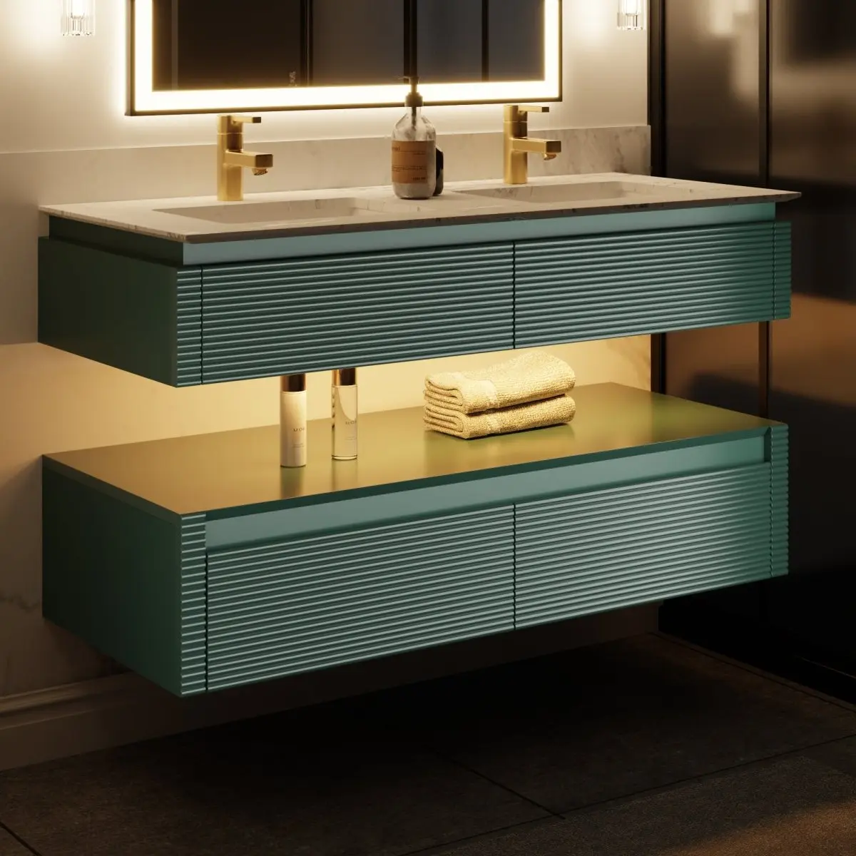 Segeo 48" Green Floating Vanity Sinks with Lights and Artificial Stone Countertop, Dual Basins