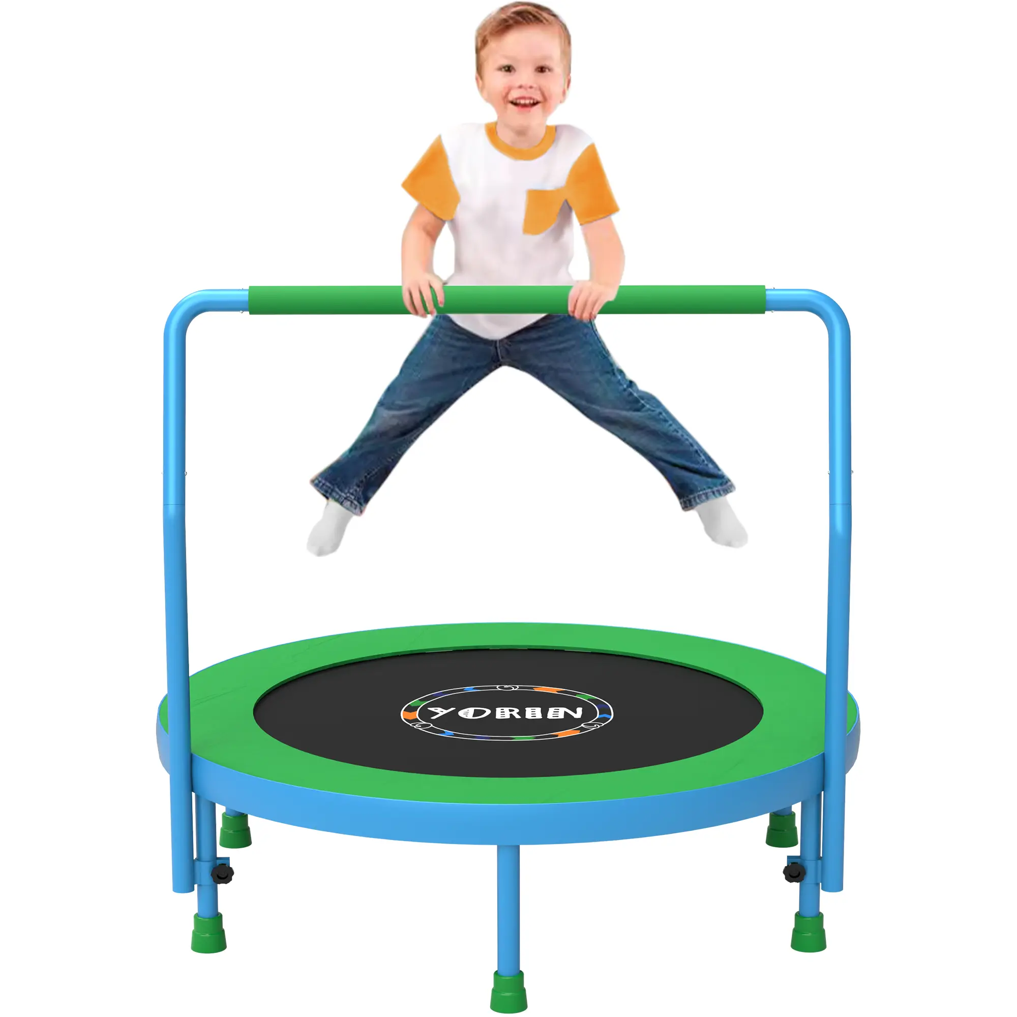 YORIN 36" Reinforced Thickened Foldable Mini Trampoline - Indoor-Outdoor Fitness Equipment with Adjustable Handle, Steel Frame, Elastic Bands, 220LBS Capacity for Toddlers (Ages 1-10), Father's Day Gift, Reinforced Thickened Trampoline, Elastic Bands Work
