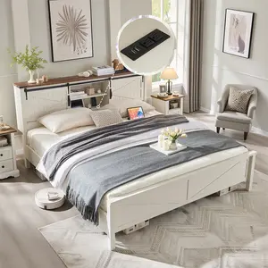 OKD Farmhouse King-Size Bed Frame - Storage Bookcase Headboard, Adjustable Height, Sliding Barn Doors, Charging Station, Wood Slat Support, No Box Spring Needed