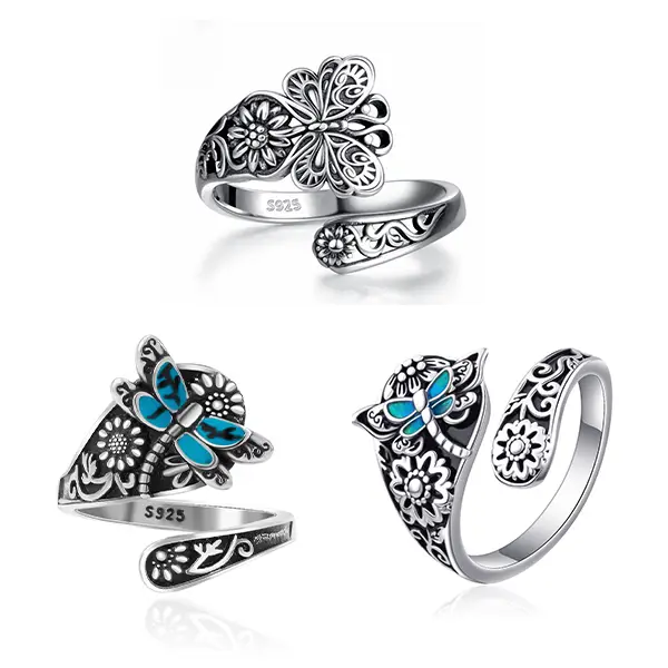 AELNEN 925 Sterling Silver Spoon Rings for Women,Vintage Butterfly/Dragonfly Cross Rose Vintage Ring,Jewelry Gift for Mom Grandma