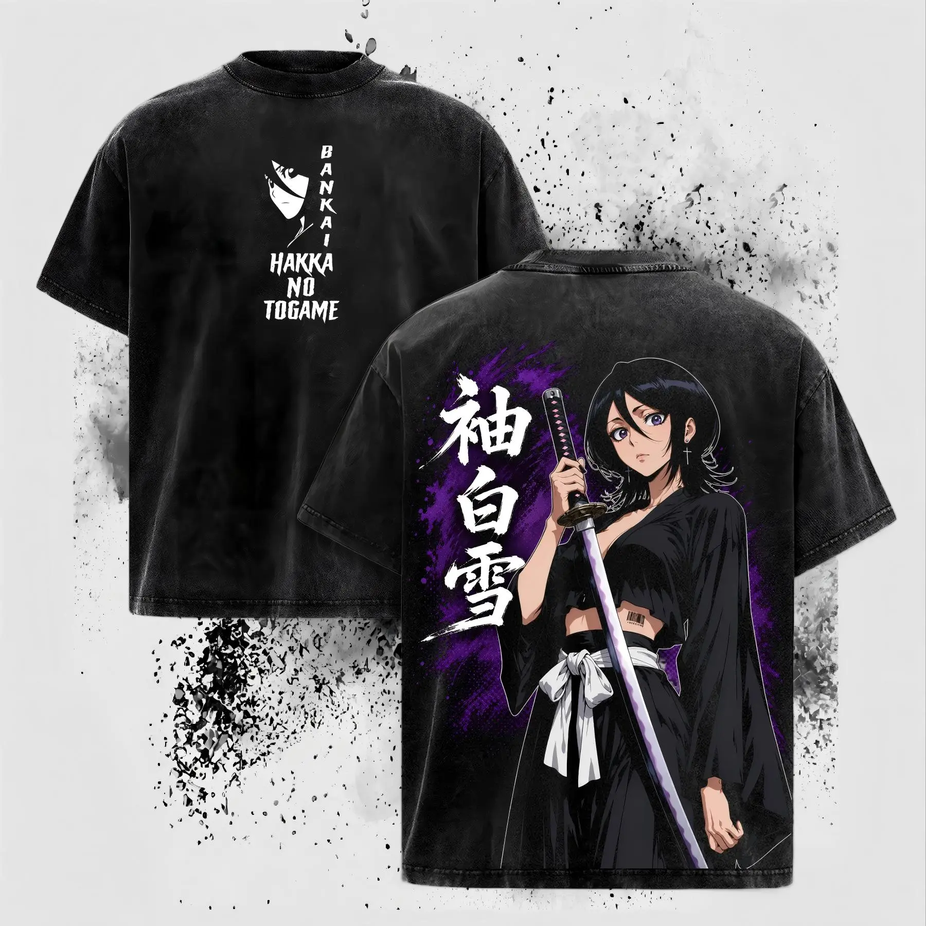 ST 100% Cotton Rukia Kuchiki - Bleach Bankai Hakka No Togame Graphic Tee, Vintage Washed Streetwear for Men, Oversize Heavy Cotton Anime Shirt，rukia kuchiki vintage acid wash double sided tshirt，faded black vintage acid wash cotton tee
