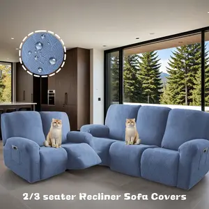 Elastic Recliner Cover with Pocket, Solid Color Washable Jacquard Slipcover for Living Room Office, 1/2/3 Seat Sizes