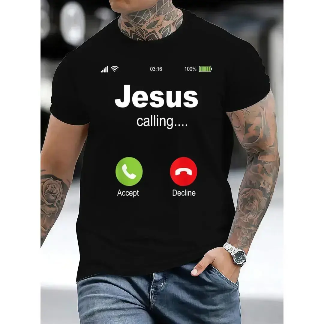 Men's Classic Cotton Short-Sleeve Graphic Print T-Shirt - Jesus Calling Design, Black, Slim Fit, Relaxed Fit Option, Round Neck, Breathable Eco-Friendly Streetwear Casual Top (pxt01)