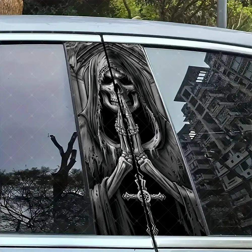 2pc Prayer Skull Car B-Pillar Sticker, Vinyl Decal, Easy Peel & Stick, Sunproof Waterproof Scratch-Resistant, Car Decoration, Skull Stickers, Universal Car Sticker, Car Decals, Stickers For Cars